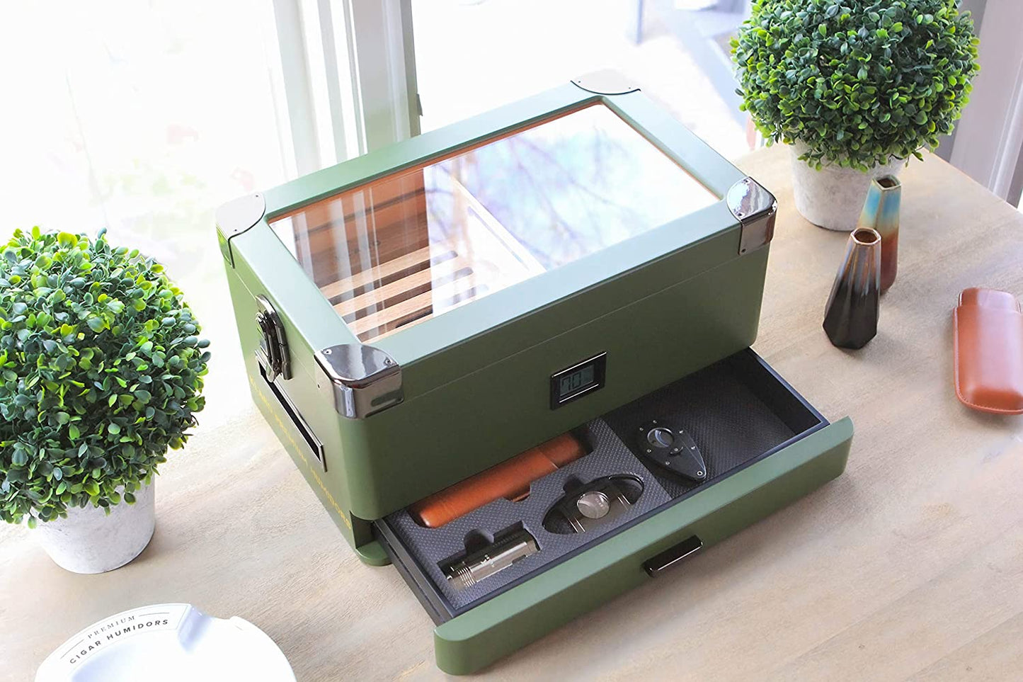 Glass Top Humidor - Olive Green