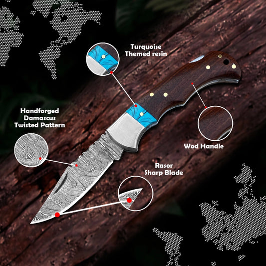 Damascus Steel Folding Knife – 300-Layer Ladder Pattern Blade