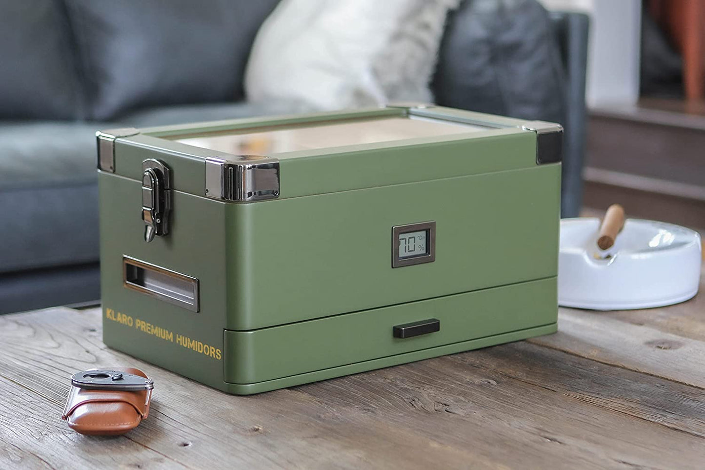 Glass Top Humidor - Olive Green
