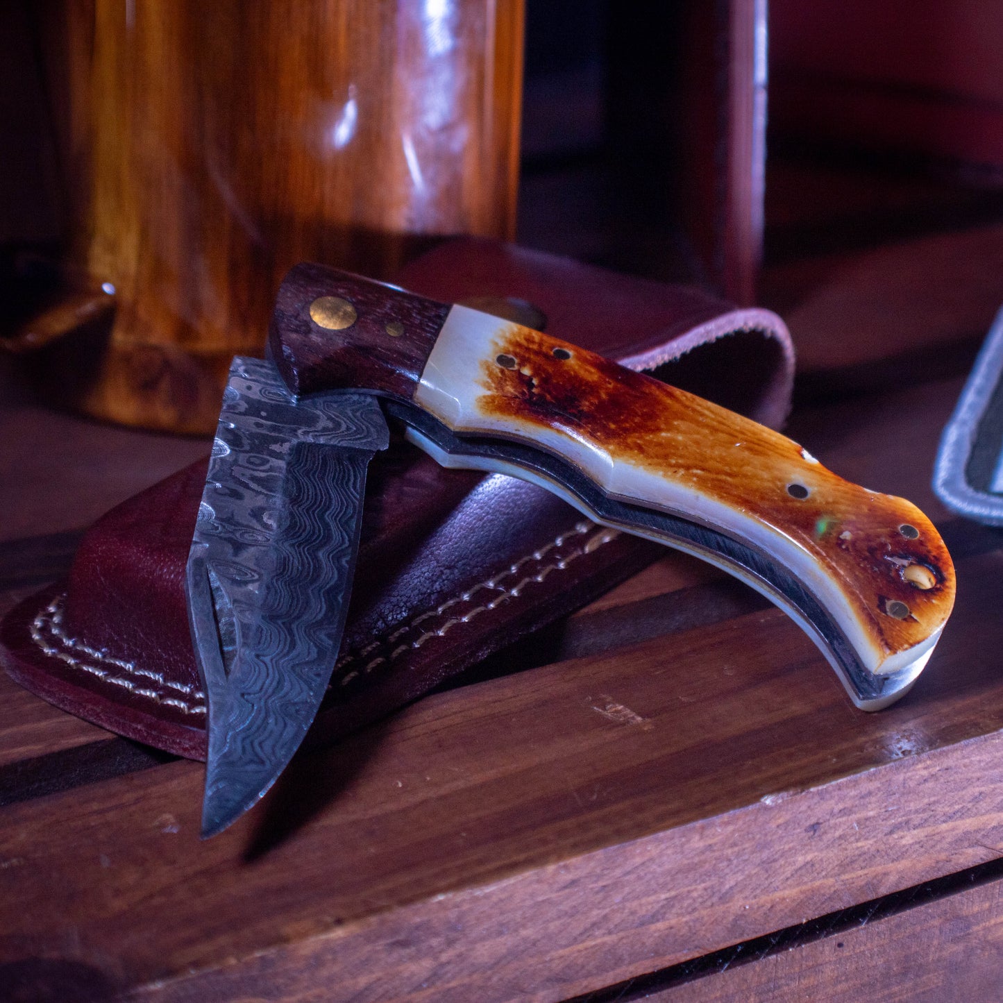 Burnt Bone and Walnut Damascus Folder