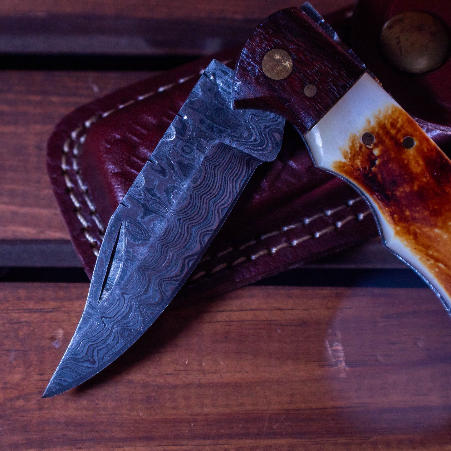 Burnt Bone and Walnut Damascus Folder