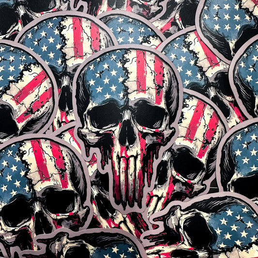 A sticker with an American flag design and a skull and crossbones symbol superimposed on top of it.