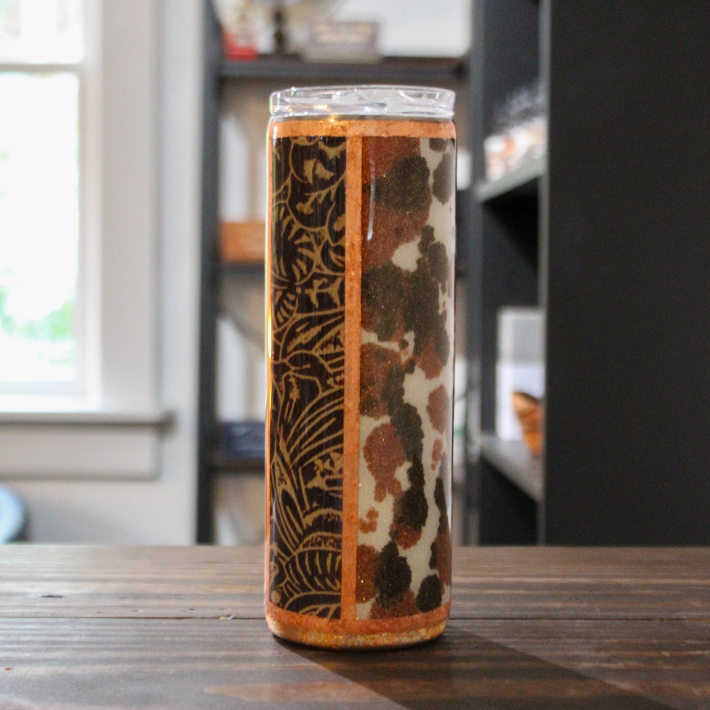 LLB-037 Cow Print Multi Media 20oz Slim Tumbler w/ Leather & Patina Accents