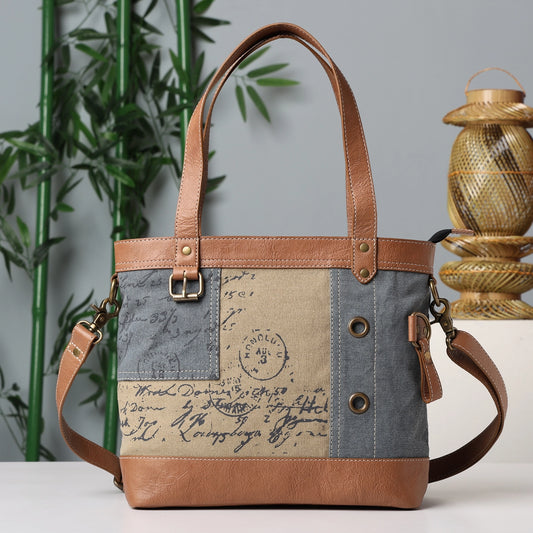 Vintage Script Shoulder Bag – Dusty Blue Up-Cycled Canvas