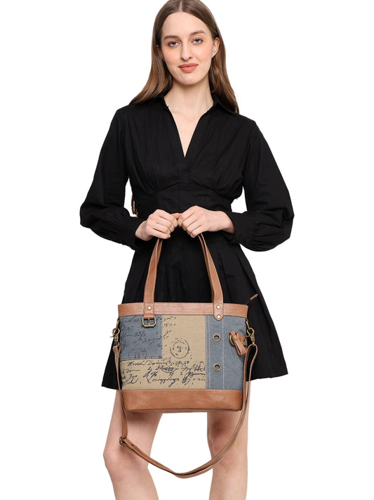 Vintage Script Shoulder Bag – Dusty Blue Up-Cycled Canvas