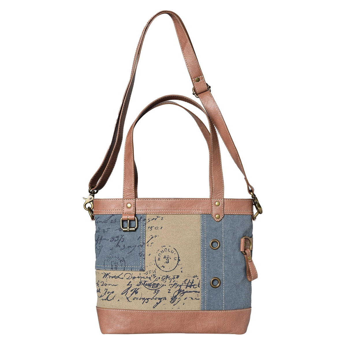 Vintage Script Shoulder Bag – Dusty Blue Up-Cycled Canvas