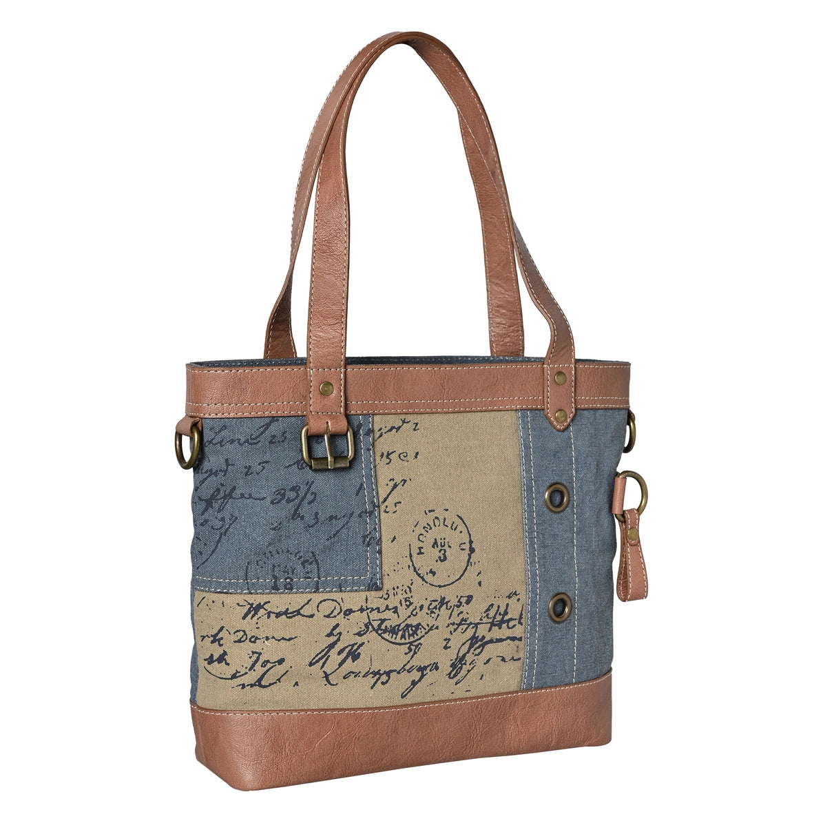 Vintage Script Shoulder Bag – Dusty Blue Up-Cycled Canvas