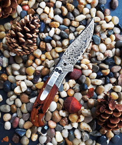 TKC-TF-001X - Titan Classico Raindrop Damascus Folding Blade EDC Buck Engraved