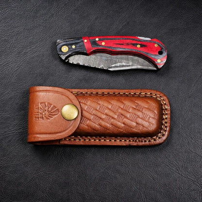 TKC-TF-077 Damascus Steel Trailing Point Folding Red & Black Pakkawood Blade