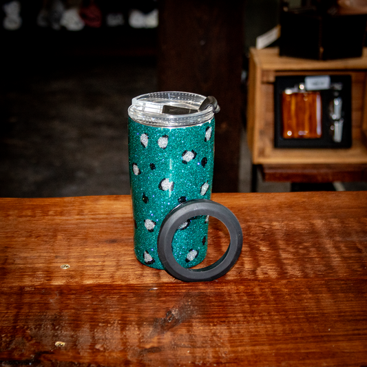 4 in 1 Teal Glitter Leopard Can Cooler