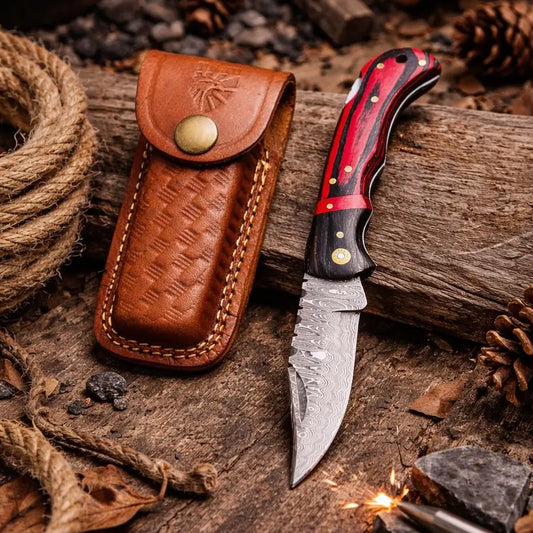 TKC-TF-077 Damascus Steel Trailing Point Folding Red & Black Pakkawood Blade