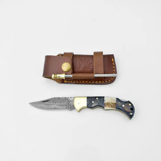 TKC-TF-052 - Black Diamond Wood and Stag Horn Folding Blade