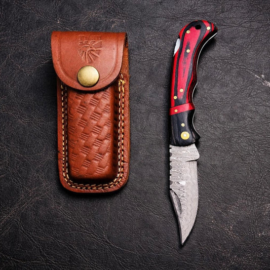 TKC-TF-077 Damascus Steel Trailing Point Folding Red & Black Pakkawood Blade