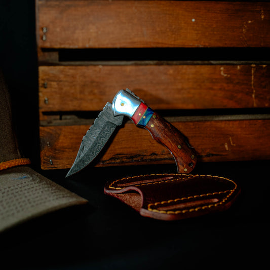 Walnut Red/Blue Damascus Folder