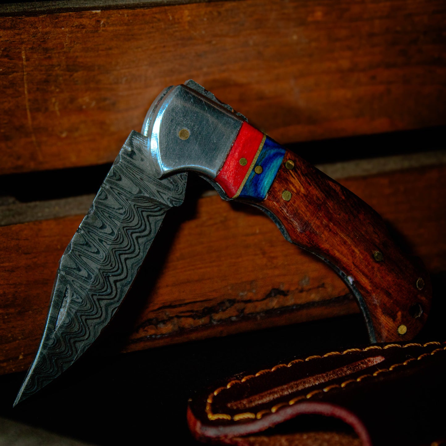 Walnut Red/Blue Damascus Folder