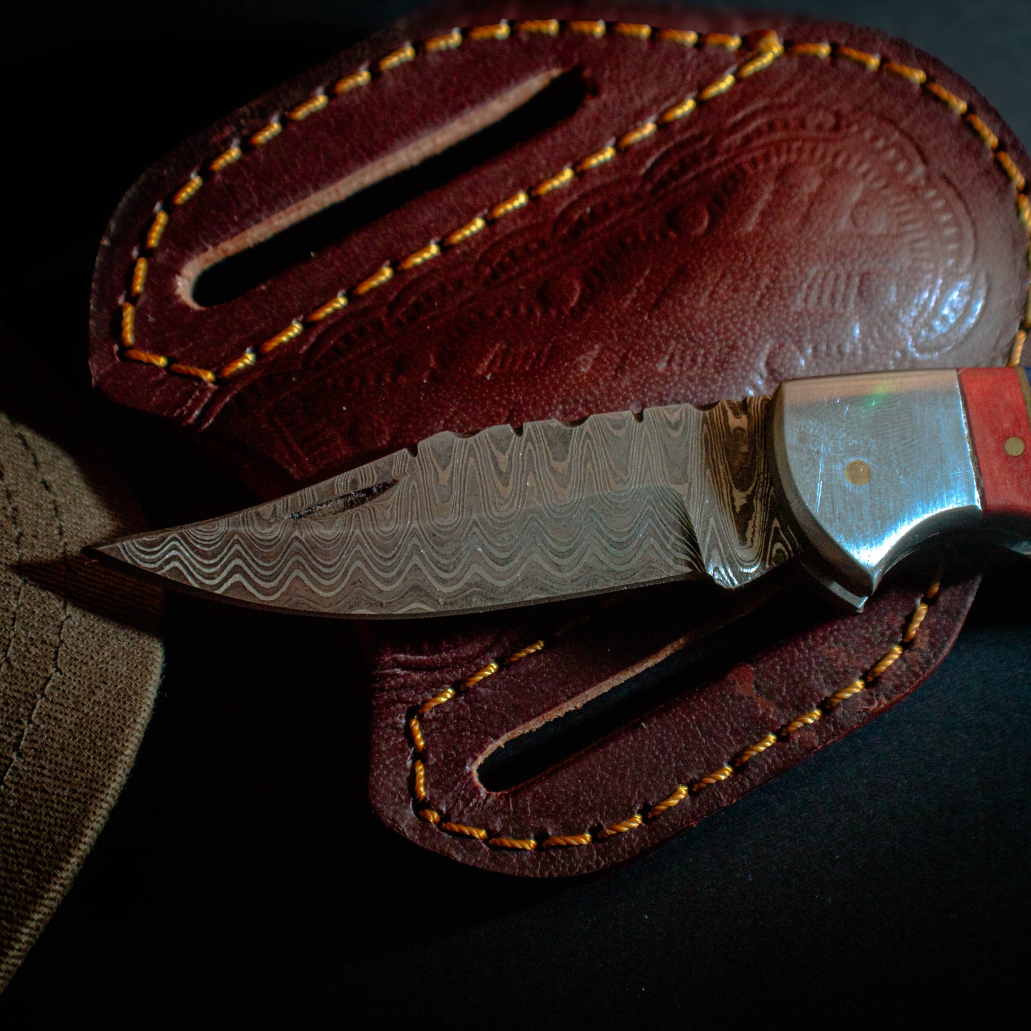 Walnut Red/Blue Damascus Folder