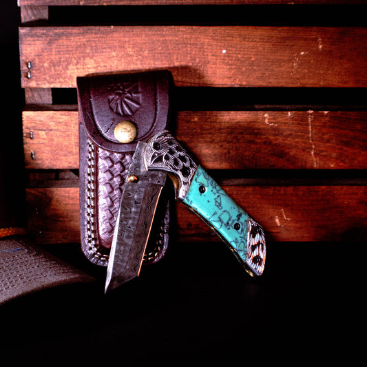 Azureglide Tanto Series Damascus Steel Turquoise