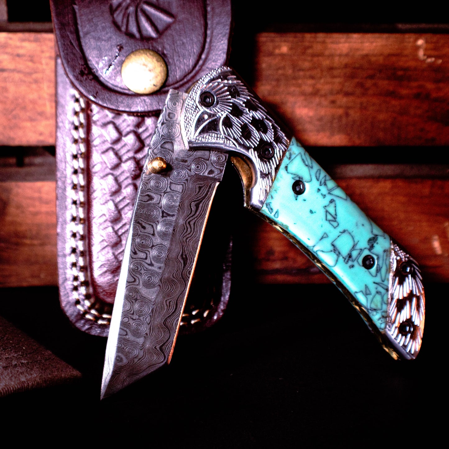 Azureglide Tanto Series Damascus Steel Turquoise