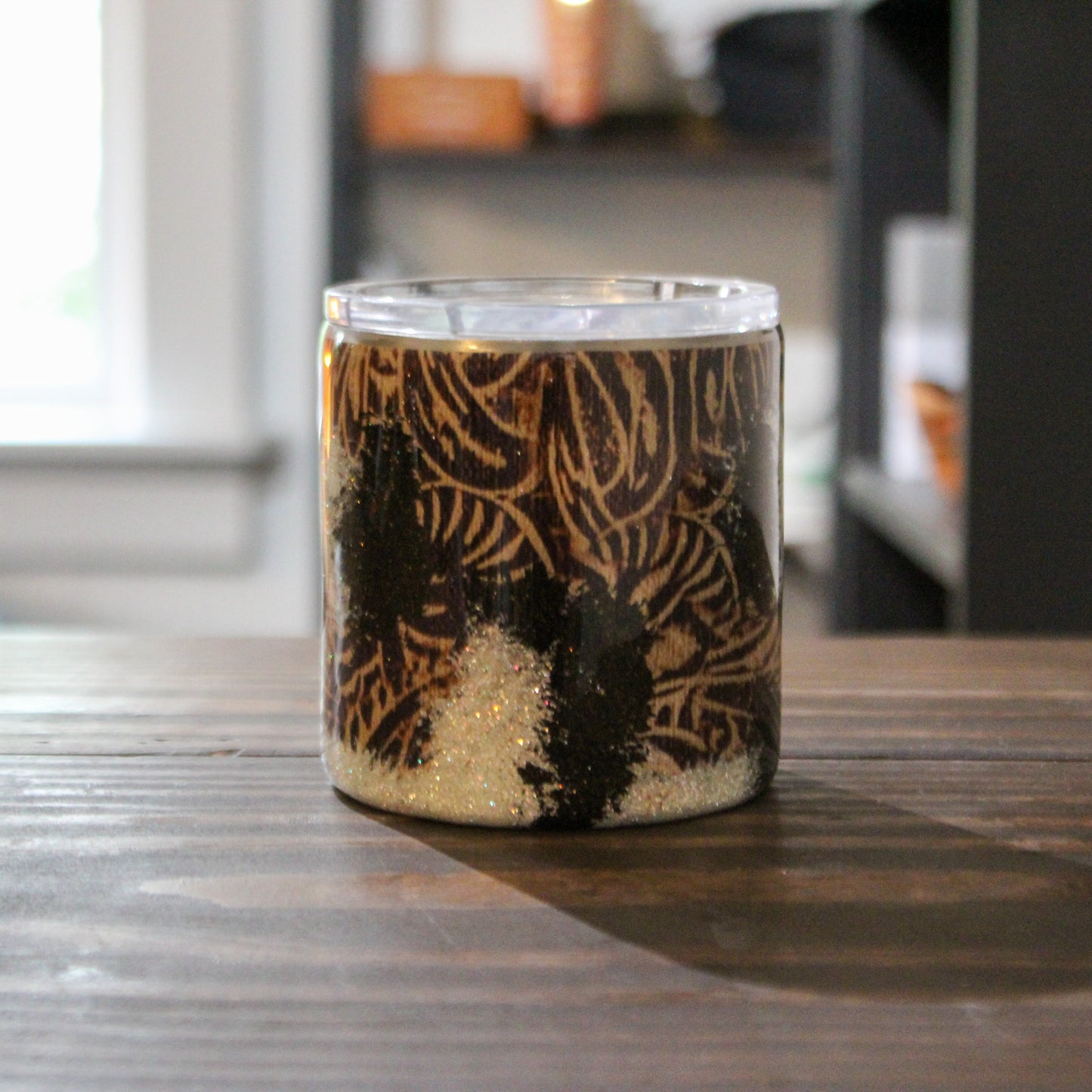 LLB-028 10oz Leather & Glitter Cow Print Whiskey Tumbler