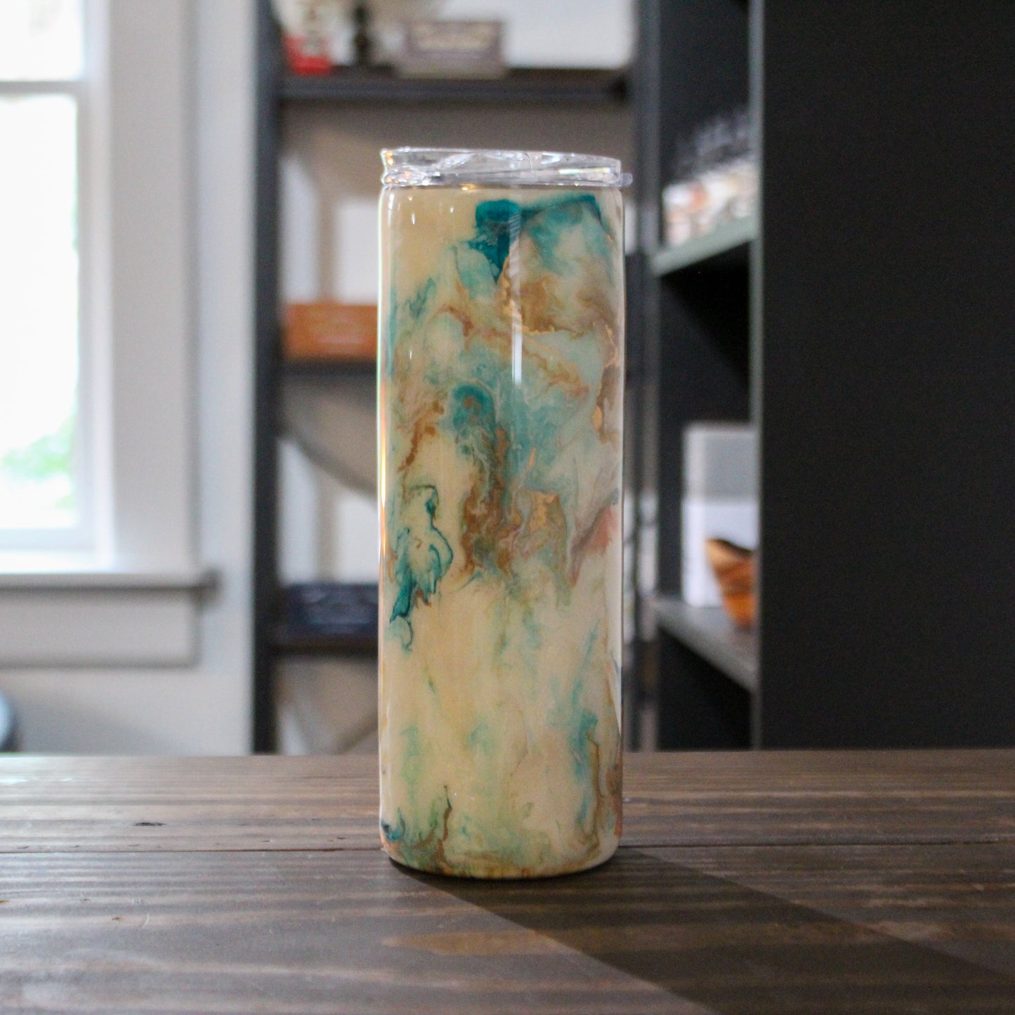 LLB-034 Teal, Copper & White Marble 20oz Slim Tumbler