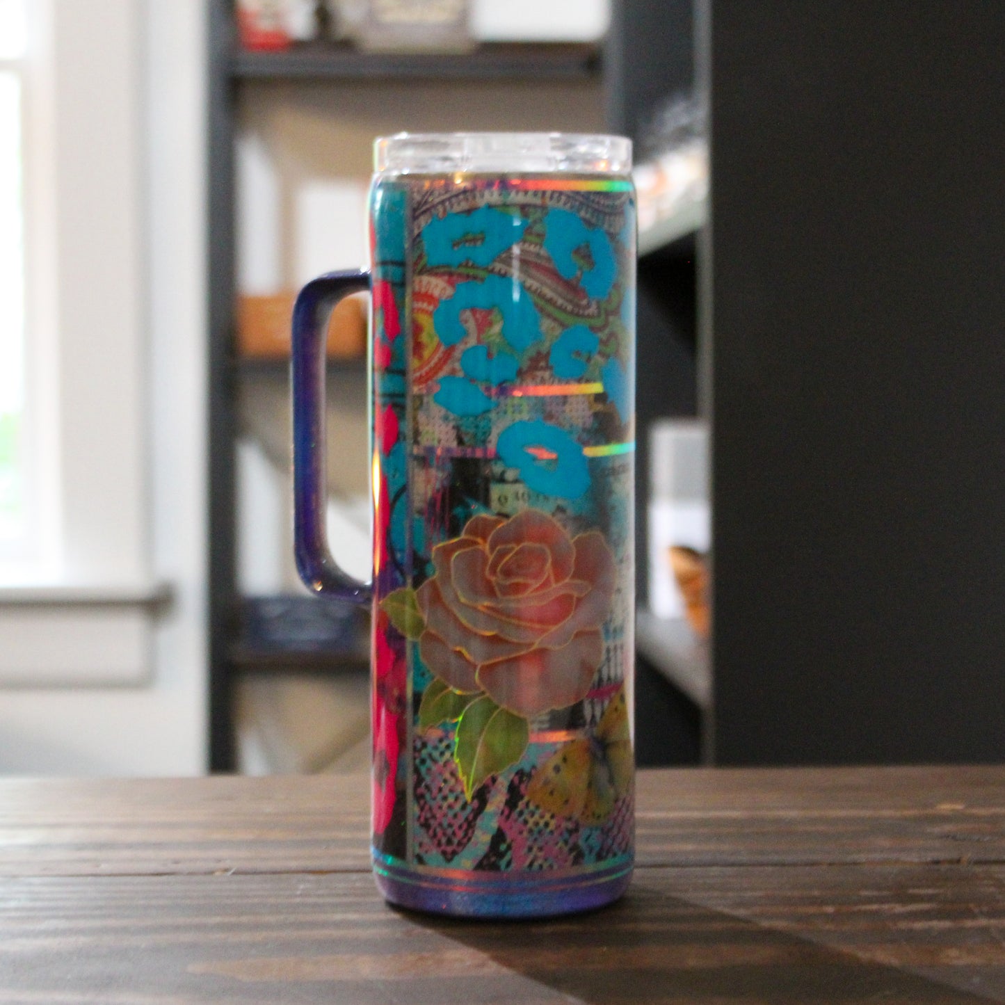 LLB-036 Floral & Cheetah Multi Media 20oz Slim Tumbler w/ Handle