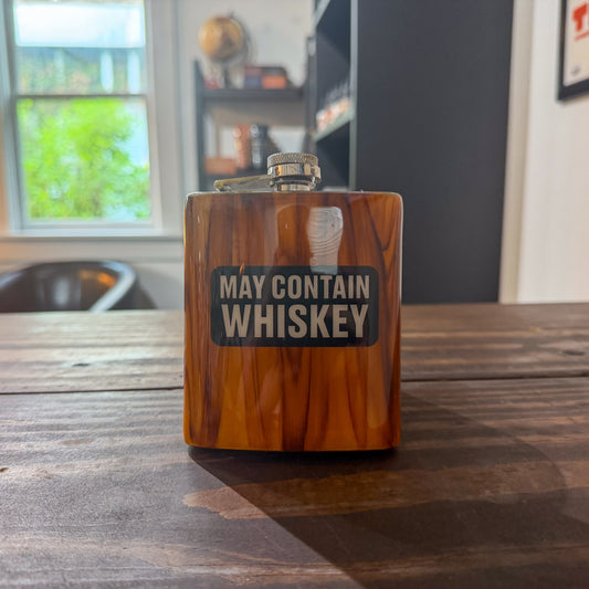 LLB-052 “May Contain Whiskey” 7oz Woodgrain Flask
