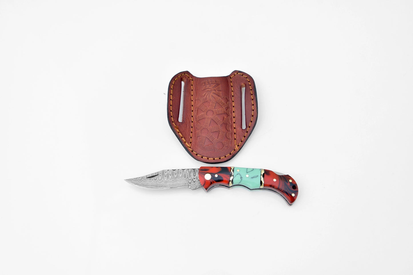 Damascus Steel Pocket Knife Red & Blue Resin